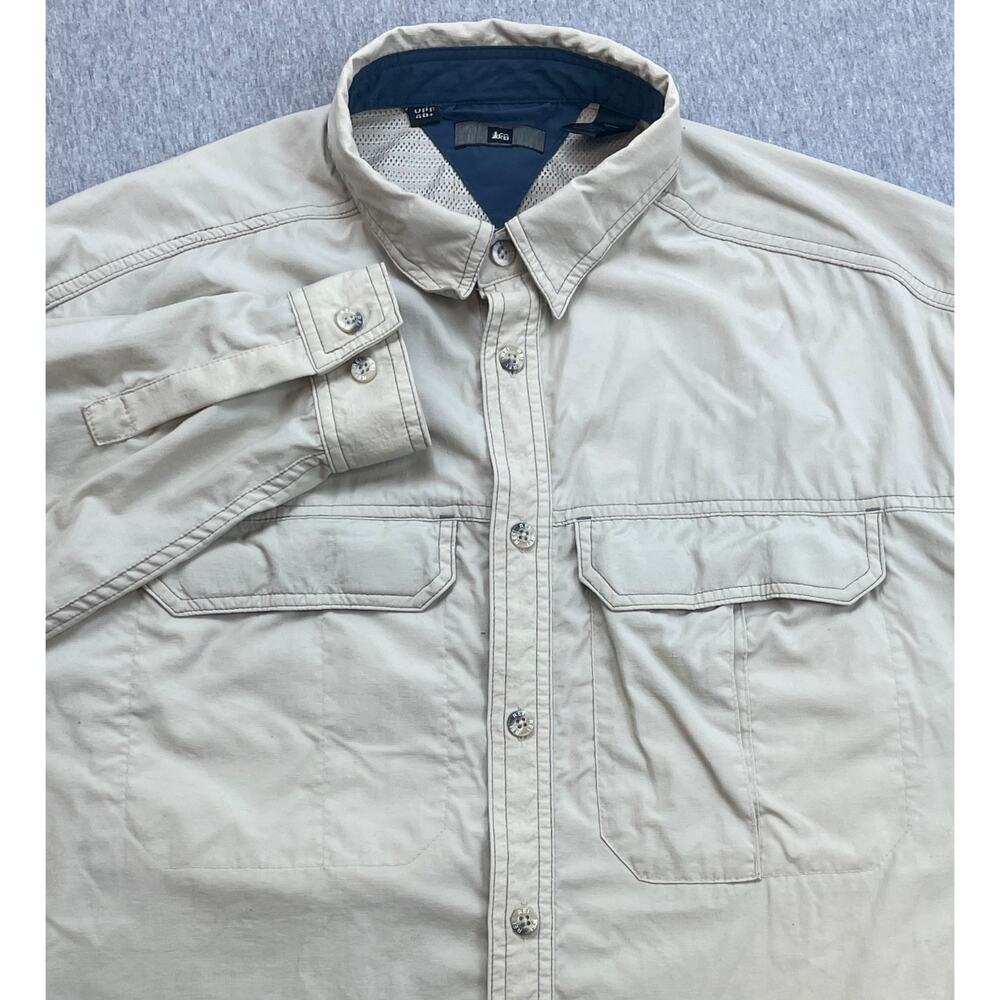 REI Shirt Mens Large Gray Performance Pockets UPF 40+ Long Sleeve Button Up